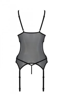 Корсет Passion Christa Corset black S/M: с подвязками и ажурным лифом, стринги в комплекте