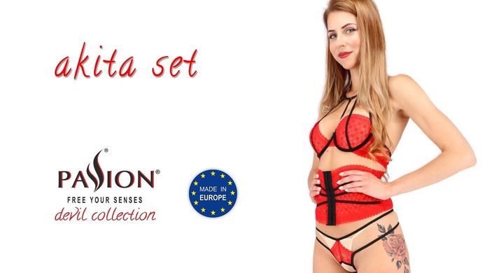 Комплект белья AKITA SET red XXL/XXXL - Passion Exclusive: широкий пояс, лиф, стринги